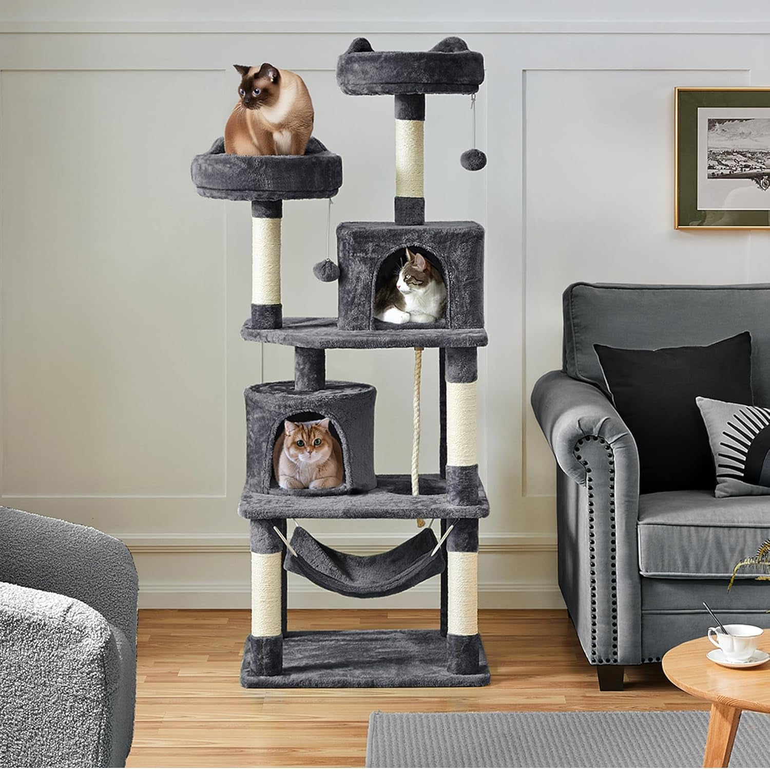 62.2 Inches Cat Tree Cat Towers Cat Condo with Platform & Hammock, Scratching Posts for Kittens Pet Play House with Plush Perch for Indoor Activity Relaxing