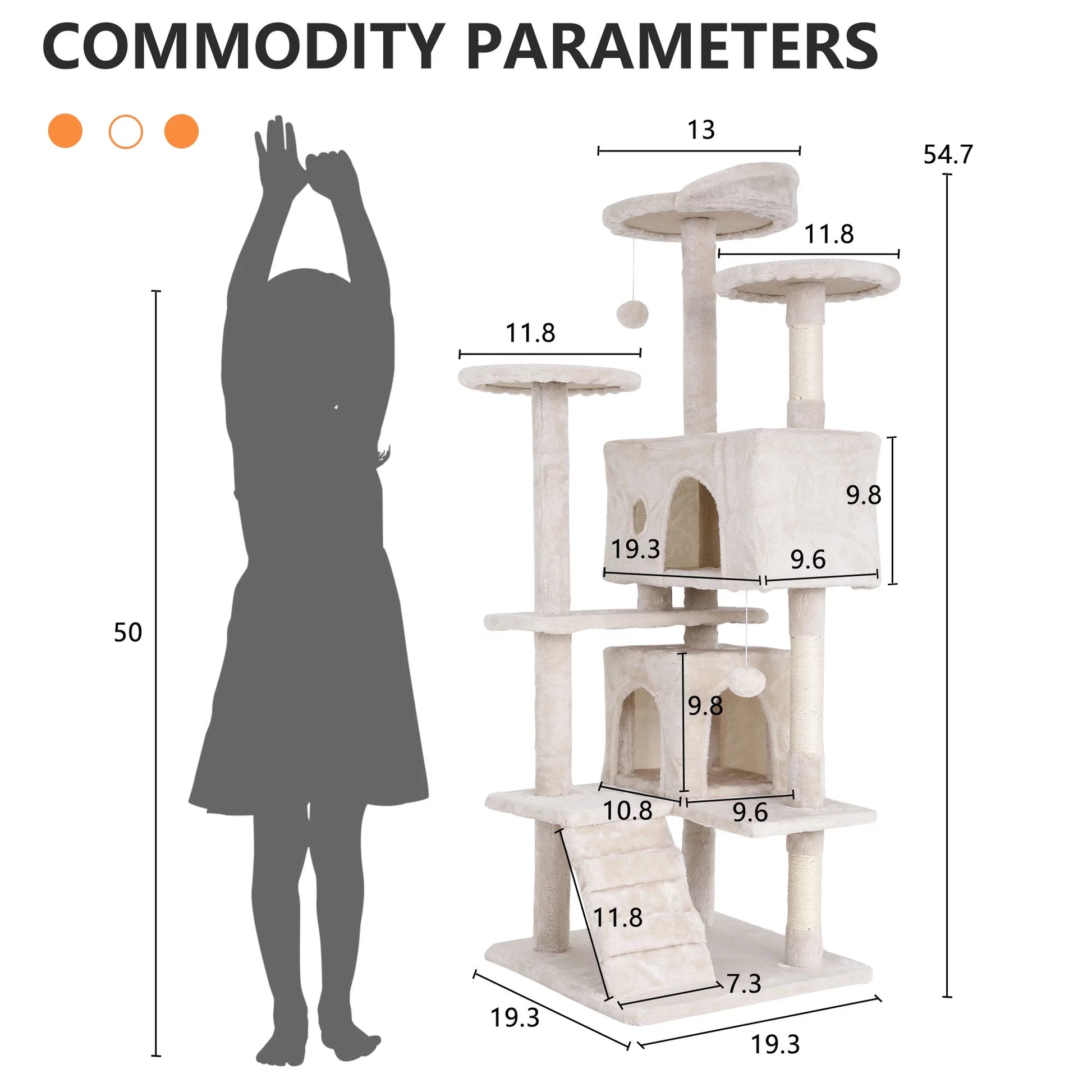 54-In Double Condo Cat Tree Tower Playhouse with Scratching Post & Perch for Indoor, Beige