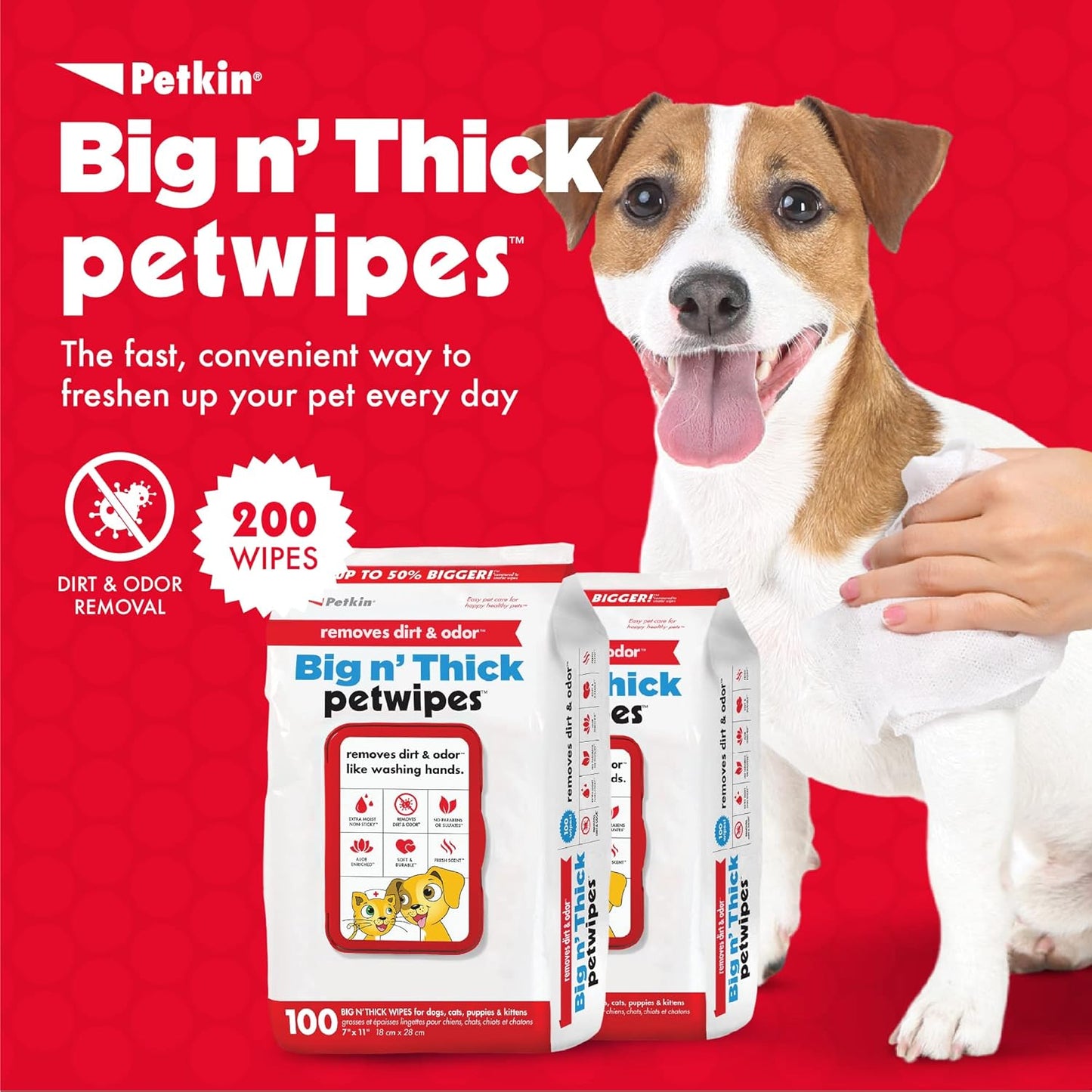 Pet Wipes for Dogs and Cats, 200 Large Wipes - Removes Dirt & Odor like Washing Hands - Cleans Ears, Face, Butt, Eye Area - Convenient, Ideal for Home or Travel - 2 Packs of 100 Wipes