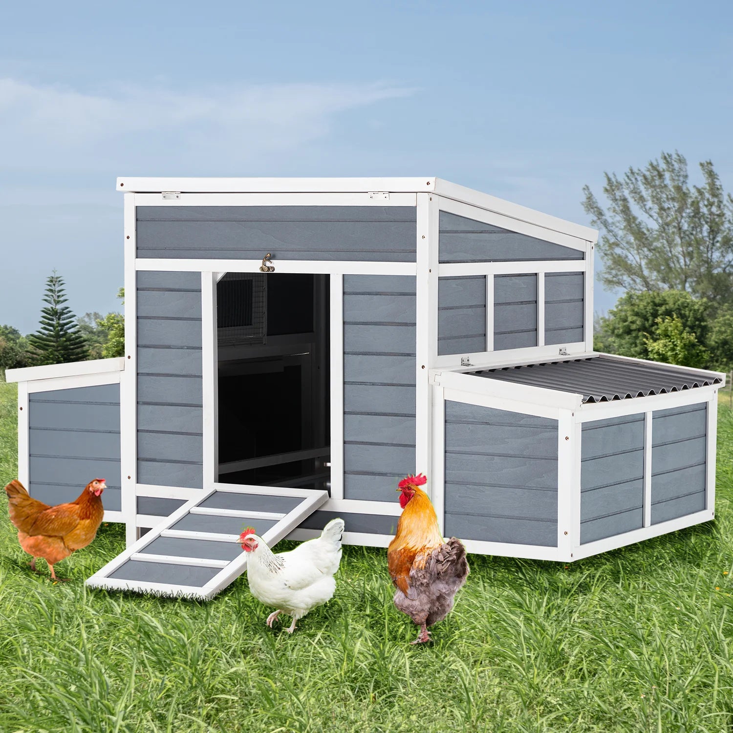 Chicken Coop 56" Large Wooden Chicken Hutch with 6 Nesting Boxes Outdoor Hen House Chicken Cage W/Ramps, Removable Tray for Easy Cleaning