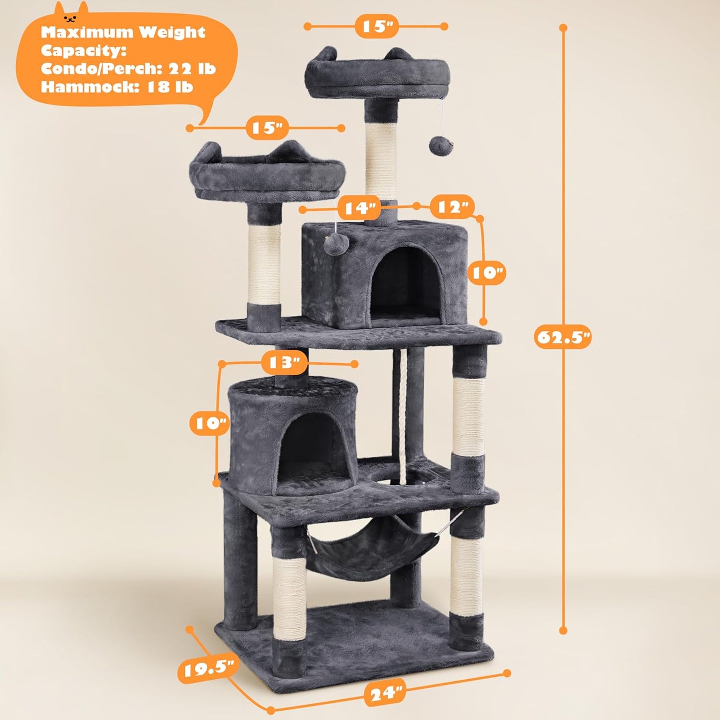 62.2 Inches Cat Tree Cat Towers Cat Condo with Platform & Hammock, Scratching Posts for Kittens Pet Play House with Plush Perch for Indoor Activity Relaxing