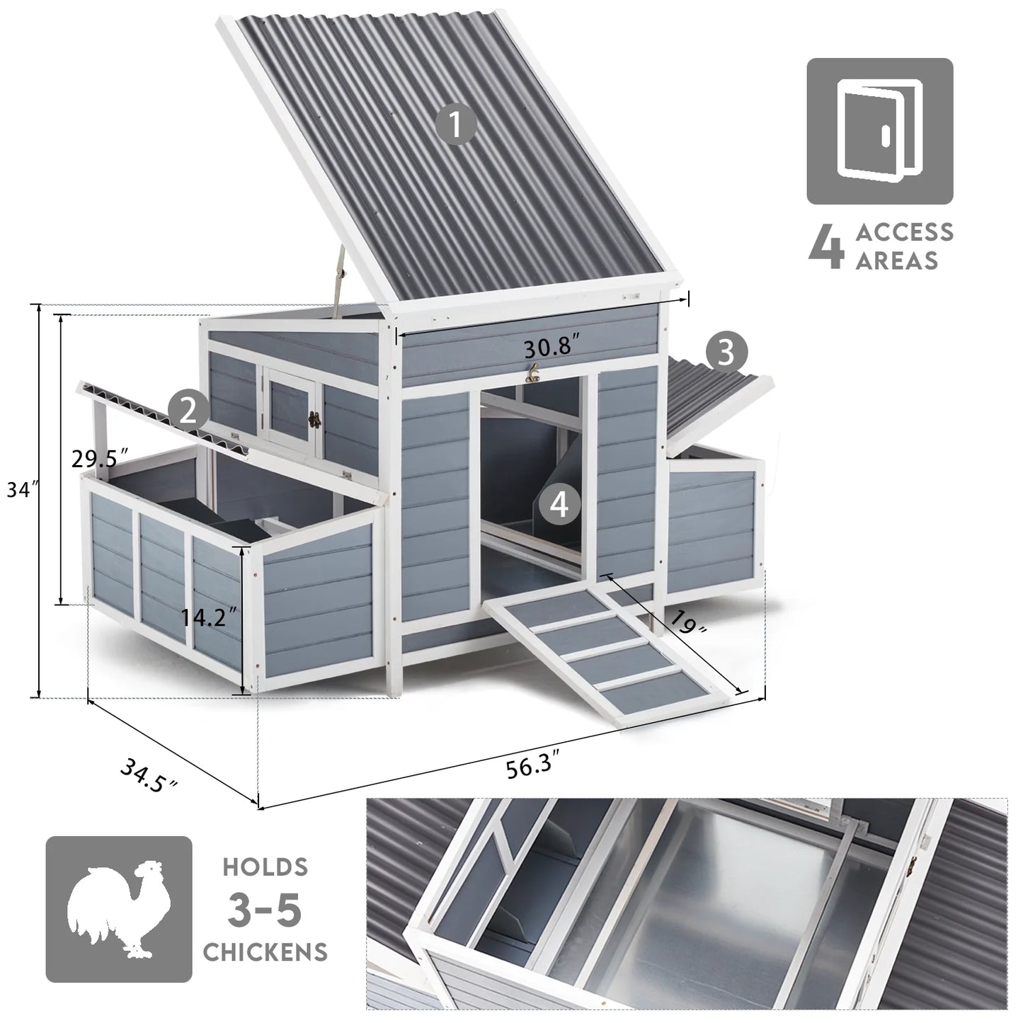 Chicken Coop 56" Large Wooden Chicken Hutch with 6 Nesting Boxes Outdoor Hen House Chicken Cage W/Ramps, Removable Tray for Easy Cleaning