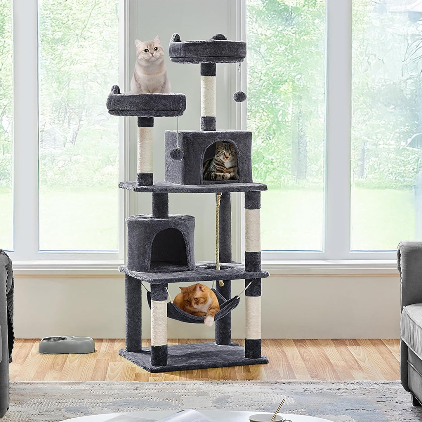 62.2 Inches Cat Tree Cat Towers Cat Condo with Platform & Hammock, Scratching Posts for Kittens Pet Play House with Plush Perch for Indoor Activity Relaxing