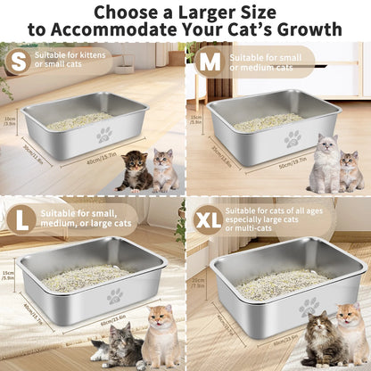 Cat Litter Box with High Sides Large Stainless Steel Cat Litter Pan 23.6" X 15.7" X 7.9"