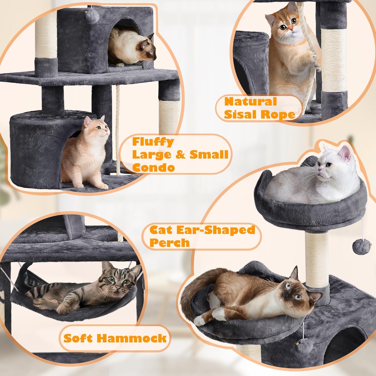 62.2 Inches Cat Tree Cat Towers Cat Condo with Platform & Hammock, Scratching Posts for Kittens Pet Play House with Plush Perch for Indoor Activity Relaxing