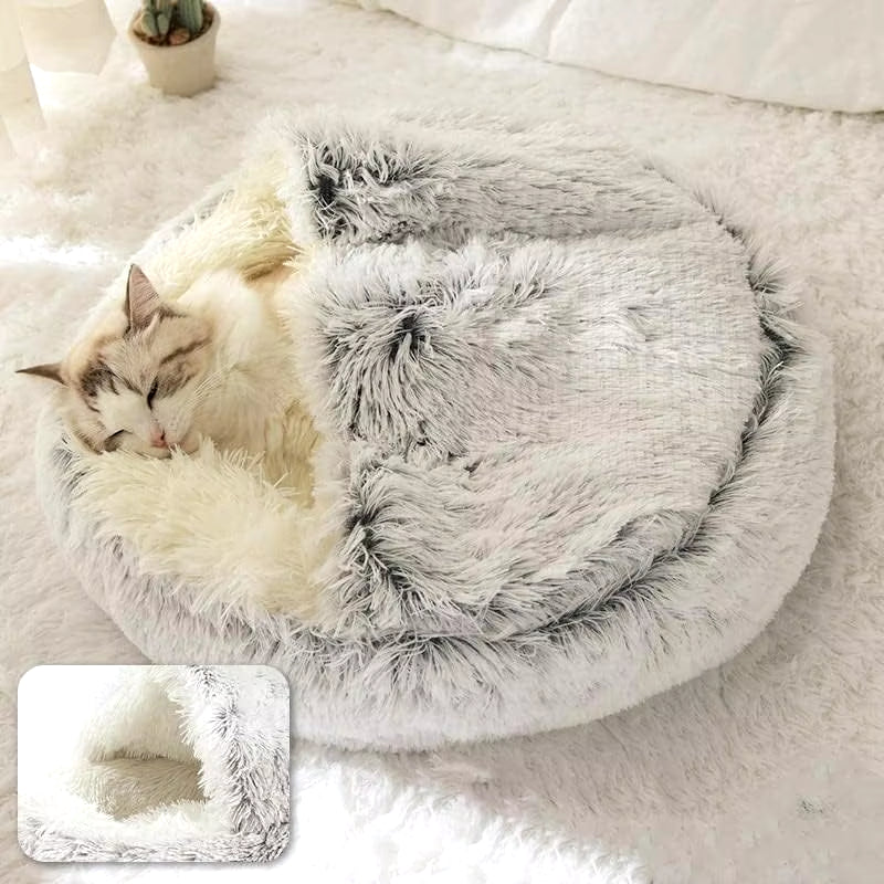 Soft Plush Pet Bed with Cover round Cat Bed Pet Mattress Warm Cat Dog 2 in 1 Sleeping Nest Cave for Small Dogs