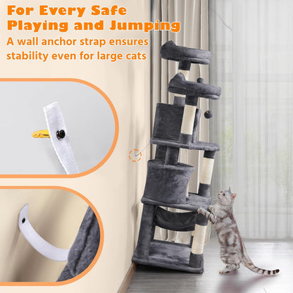 62.2 Inches Cat Tree Cat Towers Cat Condo with Platform & Hammock, Scratching Posts for Kittens Pet Play House with Plush Perch for Indoor Activity Relaxing