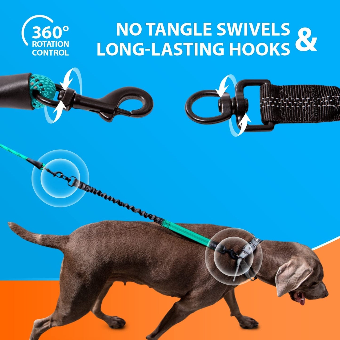 Heavy Duty Rope Bungee Leash for Large and Medium Dogs with Anti-Pull for Shock Absorption - No Slip Reflective Leash for Outside