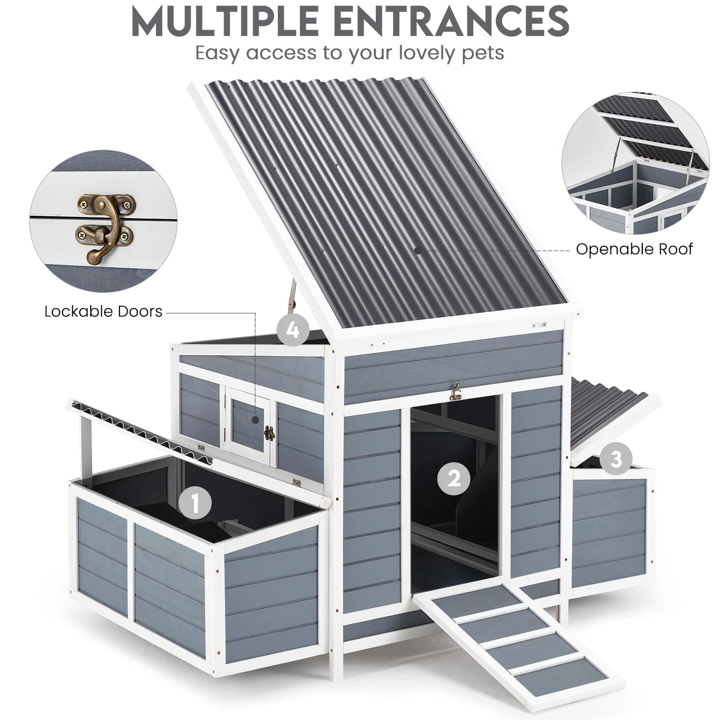 Chicken Coop 56" Large Wooden Chicken Hutch with 6 Nesting Boxes Outdoor Hen House Chicken Cage W/Ramps, Removable Tray for Easy Cleaning