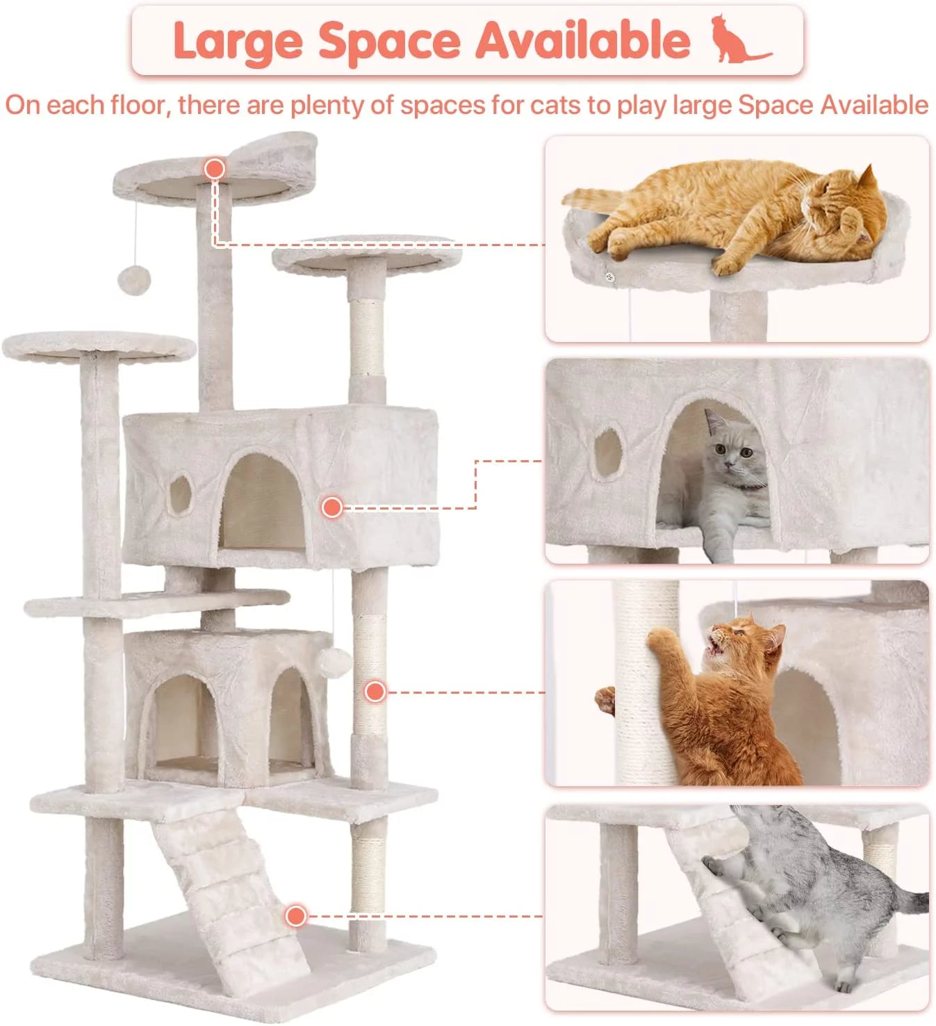 54-In Double Condo Cat Tree Tower Playhouse with Scratching Post & Perch for Indoor, Beige